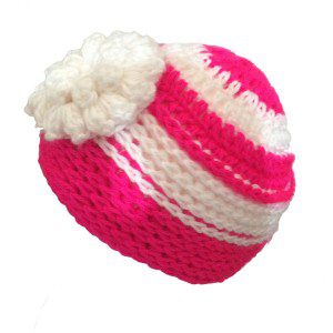 Baby hat pink white stripe and white flower