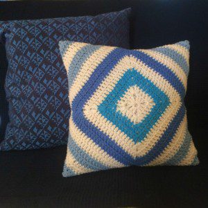 Crochet small cushion light blue